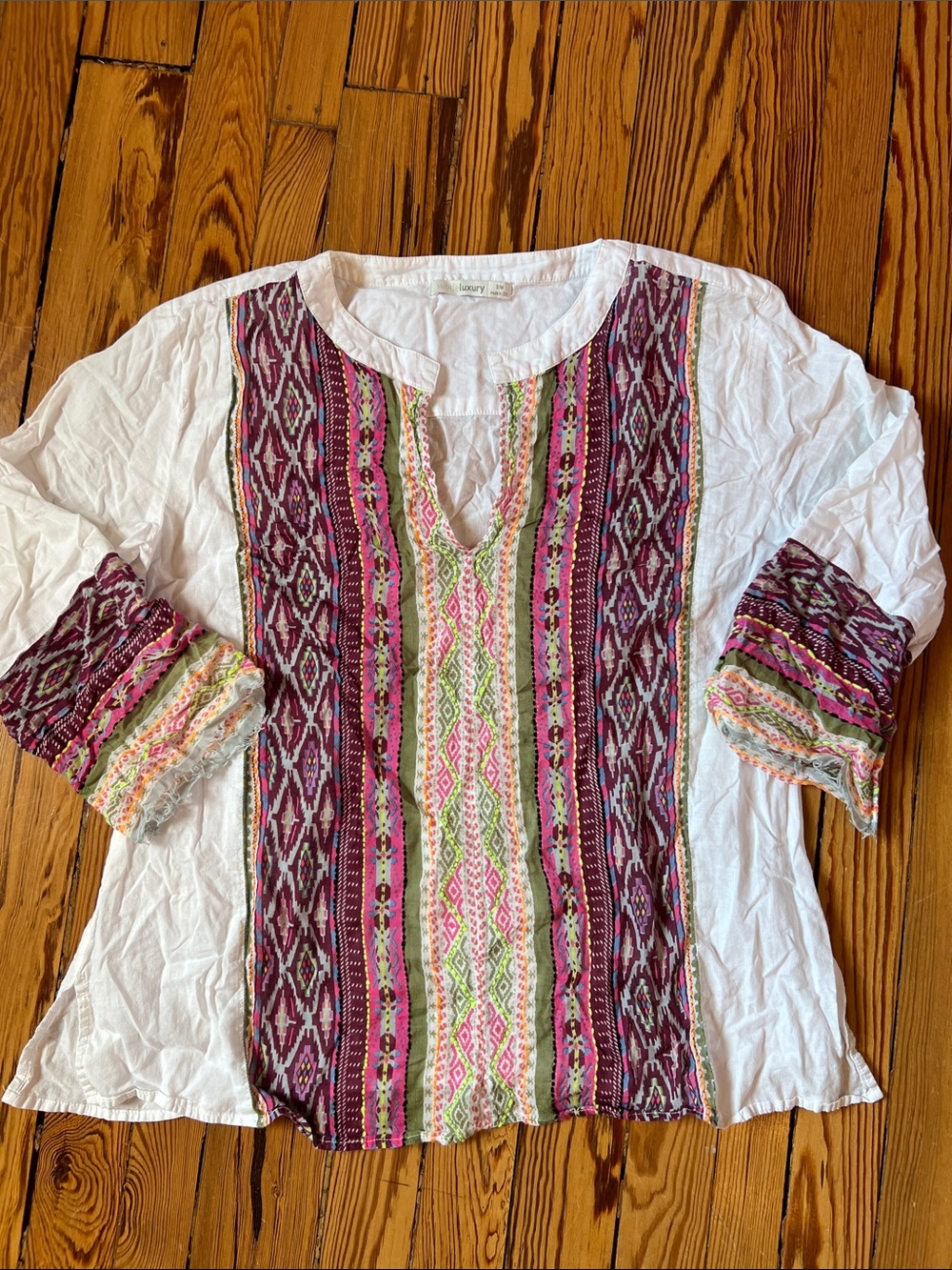 Subtle Luxury White Cotton Tunic with Pink, Green & Burgundy Embroidery